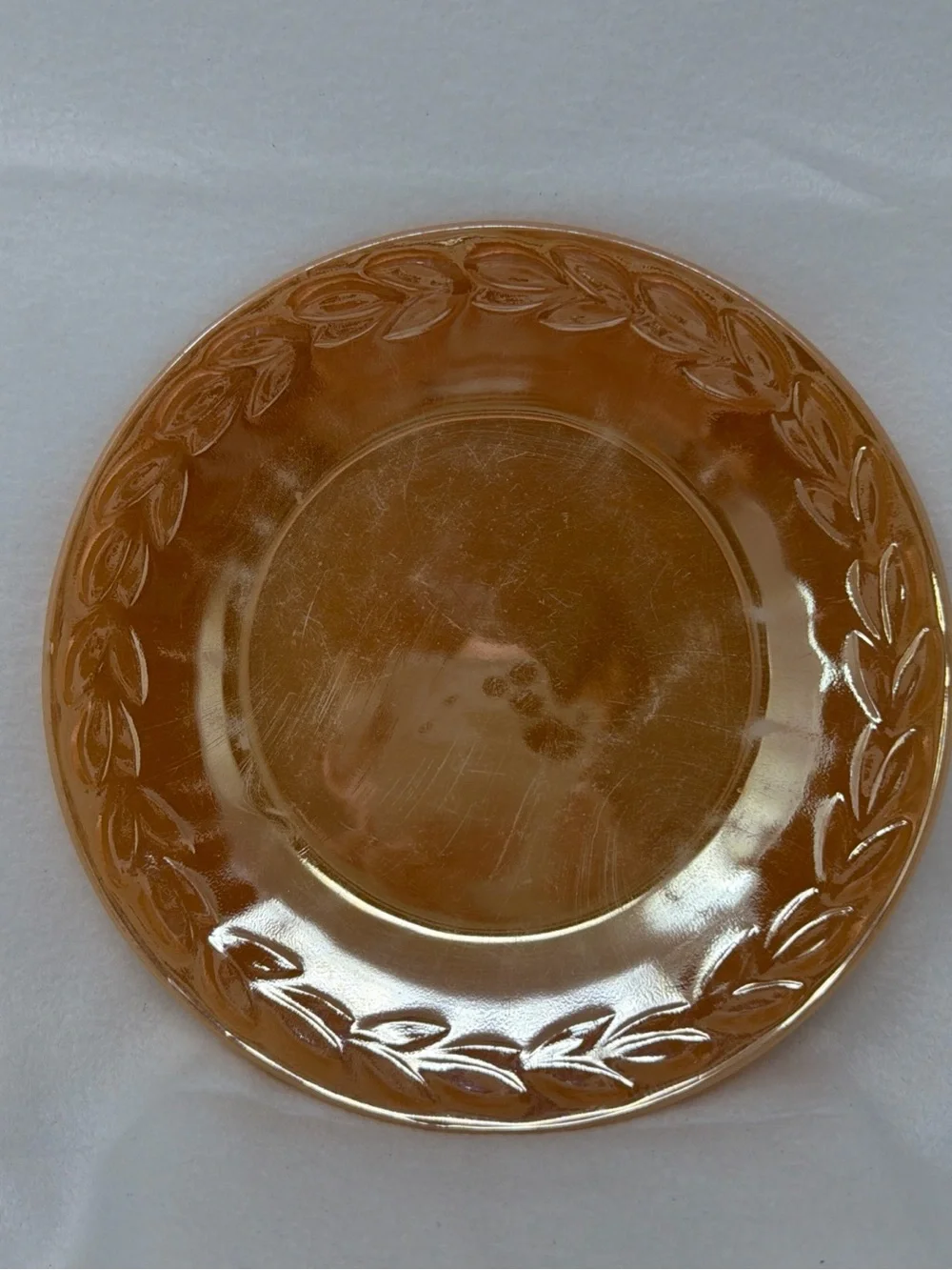 Vintage Fire King Peach Lustre Glass Plate with Leaf Motif